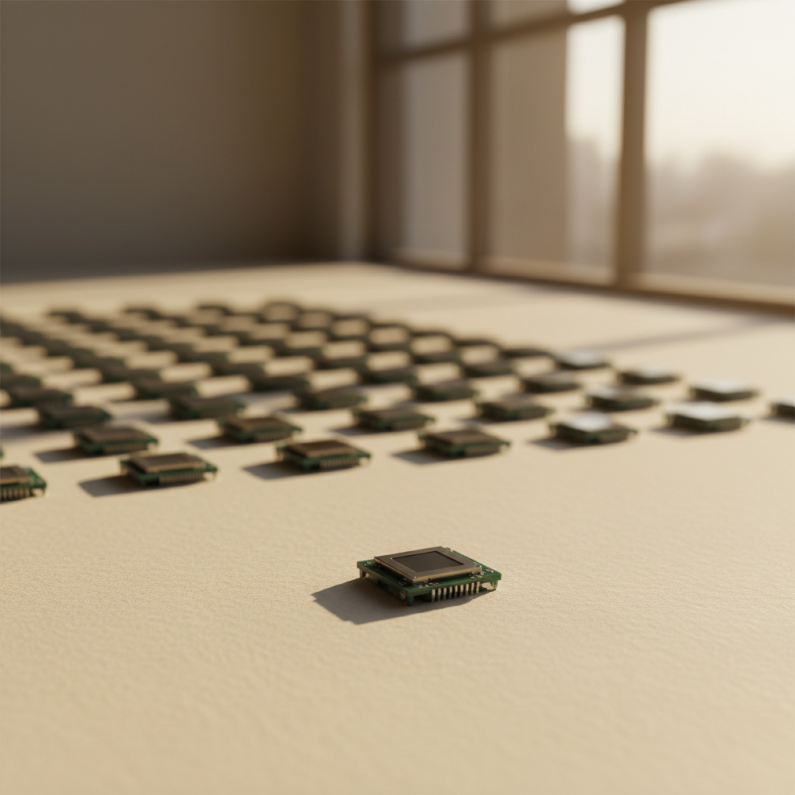 Module électronique net au premier plan, dizaines d'unités identiques floues derrière