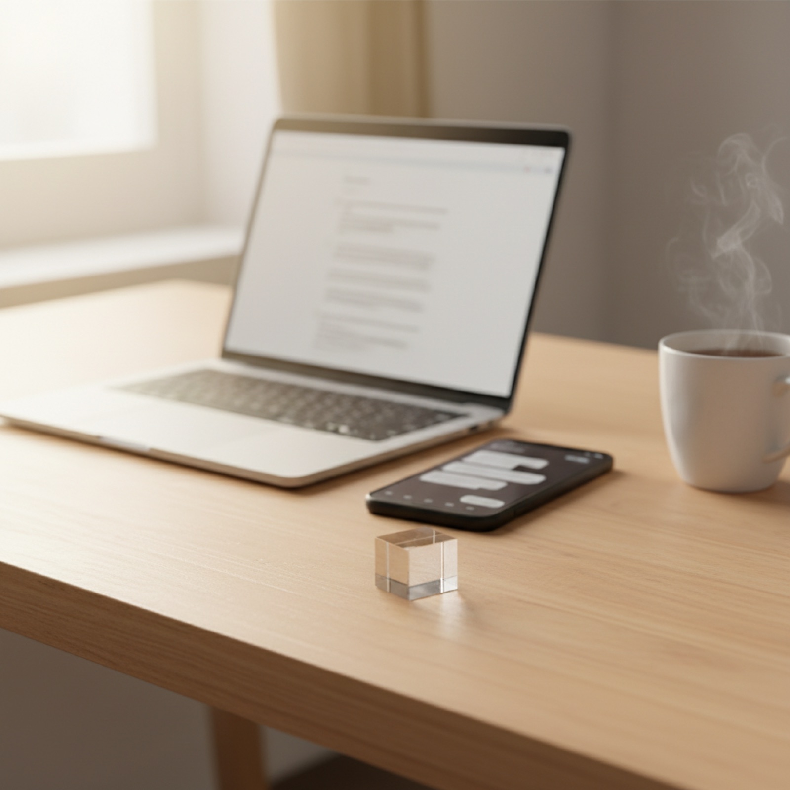 Bureau avec laptop flou, smartphone et composant optique au premier plan